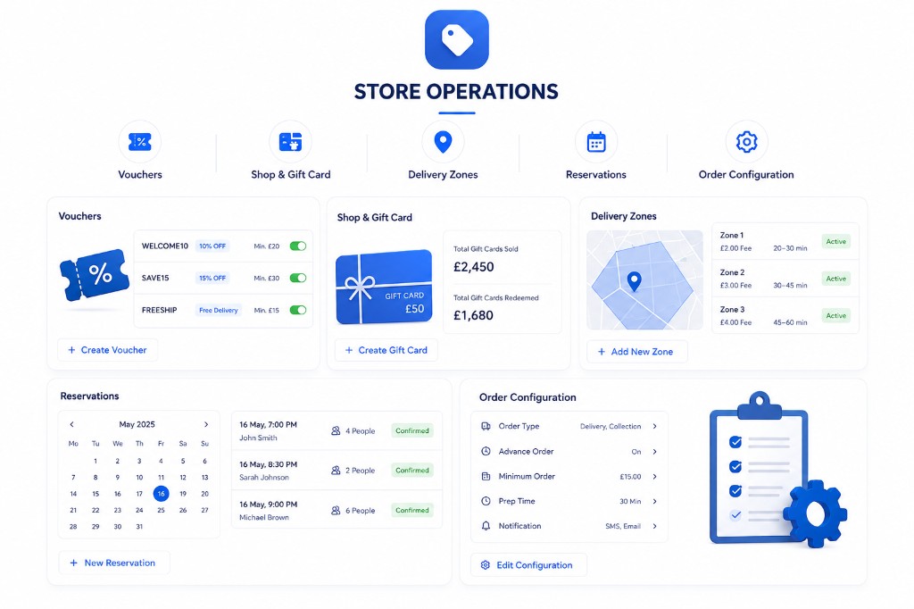 OrderWeb store operations — vouchers, gift cards, delivery and reservations