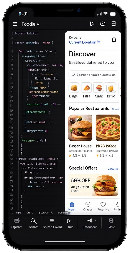 Mobile app development — code and live app preview on a phone