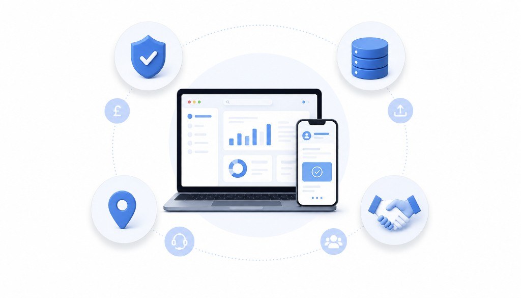 OrderWeb platform on laptop and phone, surrounded by security, data, support and partnership icons